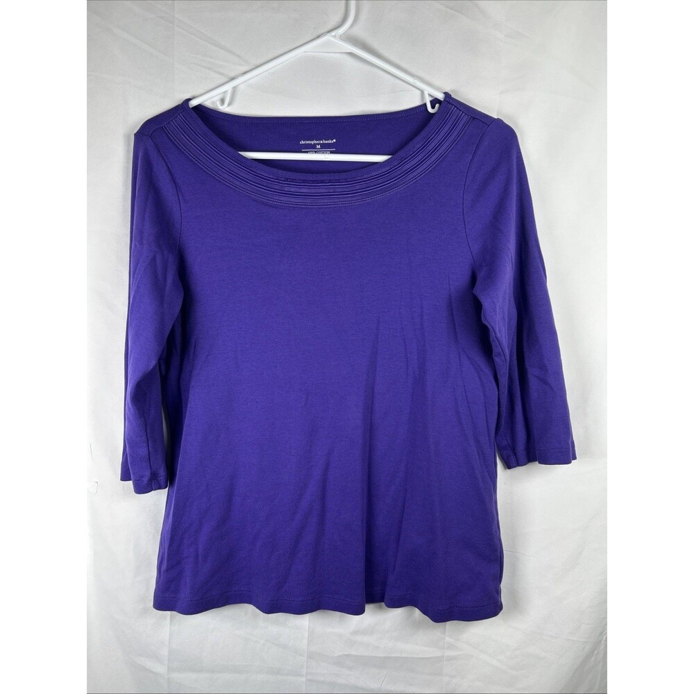 Christopher & Banks Pleated Boat Neckline Top Size Medium Purple 3/4 Sleeve